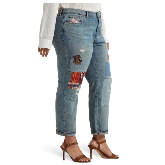 New Ralph Lauren Plus Size Patchwork Boho Relaxed Tapered Jeans in Skye Wash - Picture 4 of 12